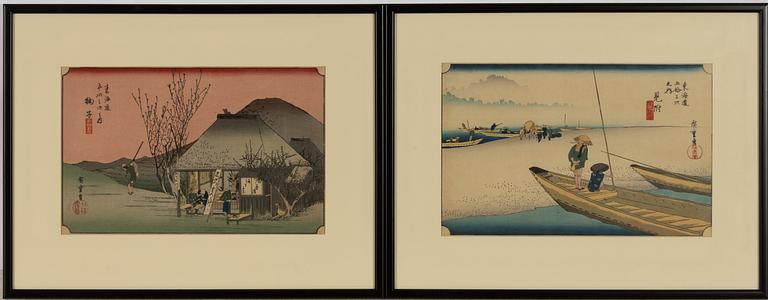 Ando Utagawa Hiroshige, after, two woodblock prints from the series 'The Fifty-three Stations of the Tōkaidō'.