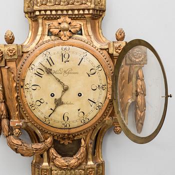 A gustavian wall clock, dial marked "Hans Wessman, Stockholm", around year 1800.