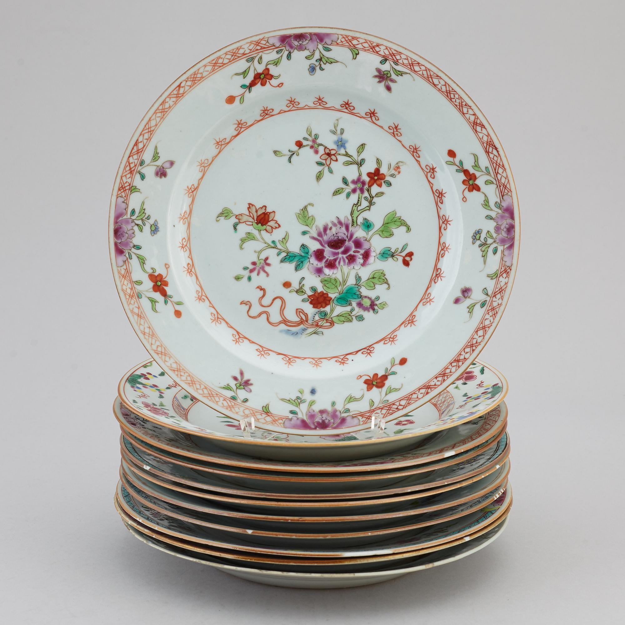 A group of 11 famille rose plates, Qing dynasty, Qianlong (1736-95).