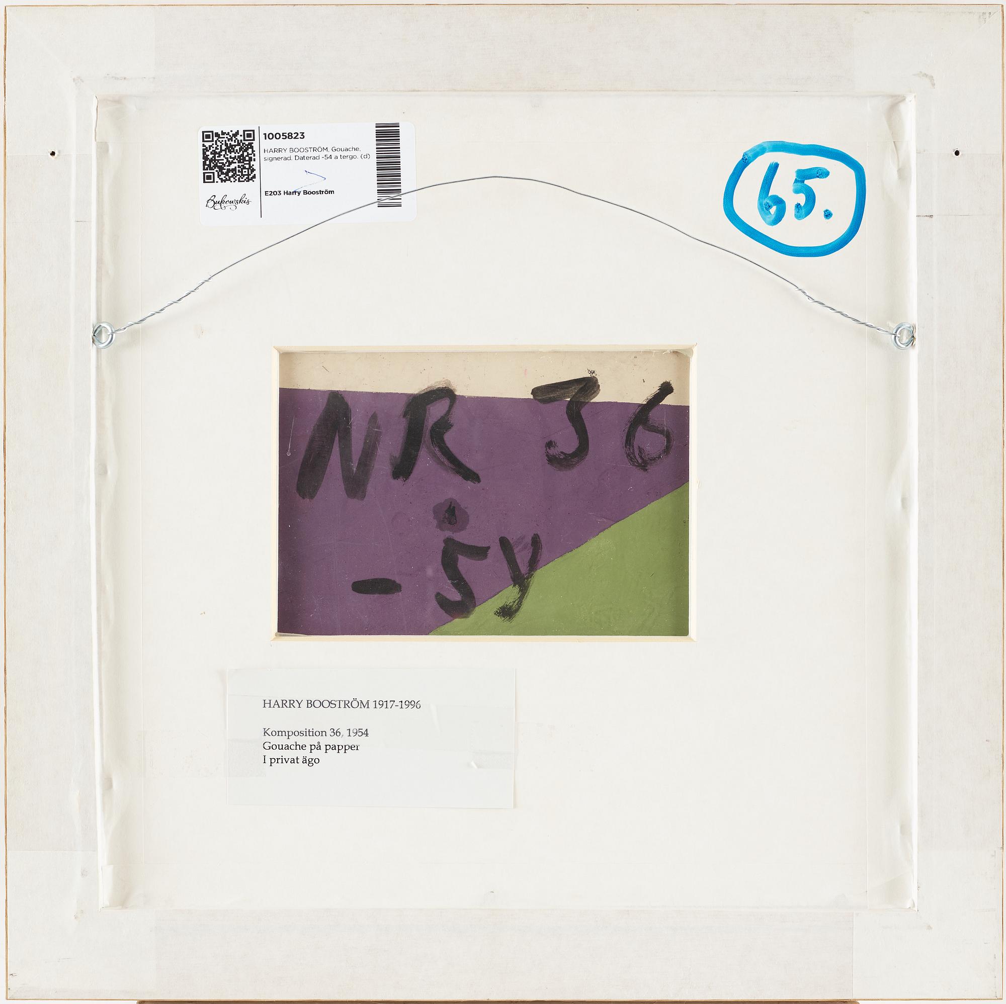HARRY BOOSTRÖM, Gouache, signed. Dated -54 verso.