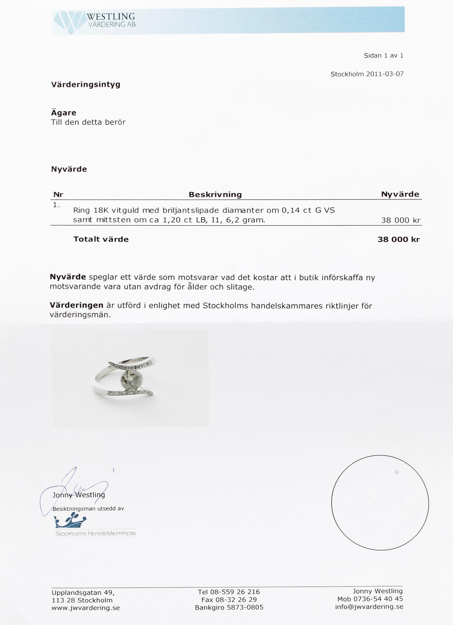 RING, 18k vitguld m briljantslipad diamant light brown ca1,20ct o diamanter tot ca0,14ct. BWG, Stockholm, 2000-tal.