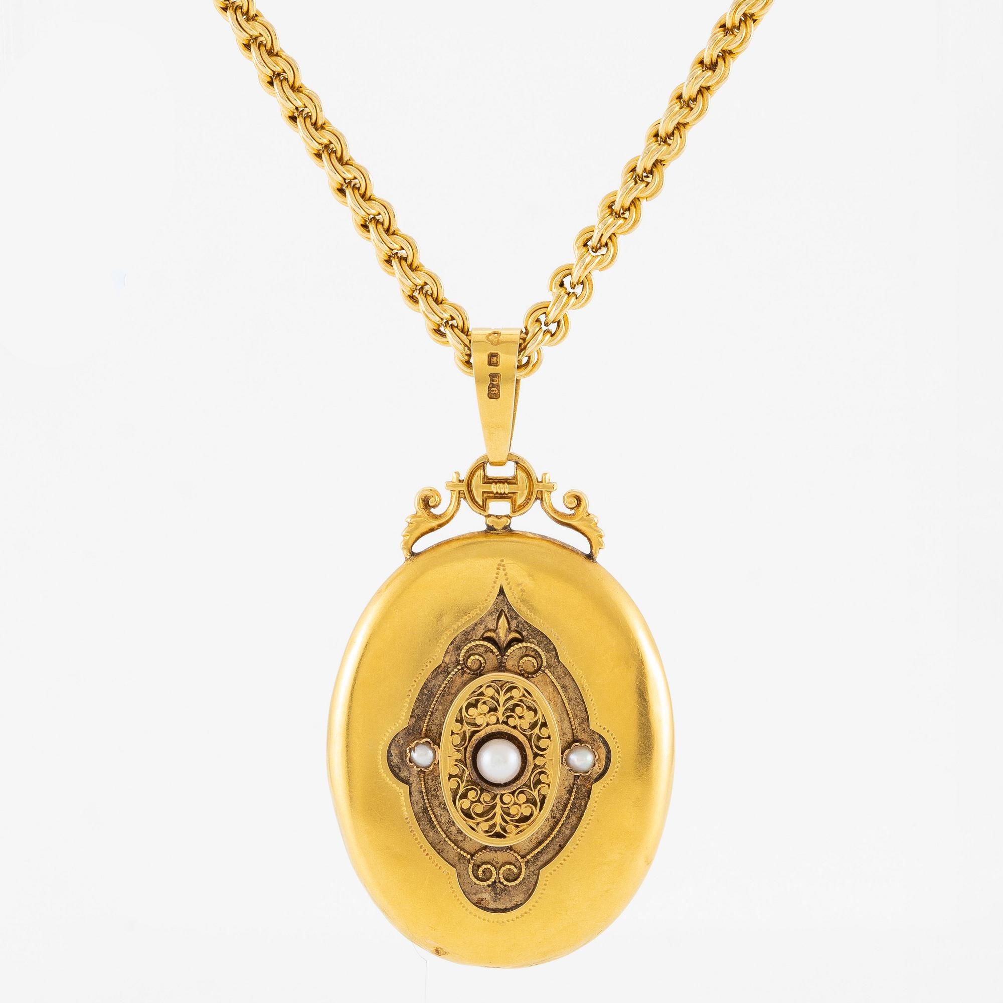 Medaljong 18K guld med pärlor med kedja 18K guld.