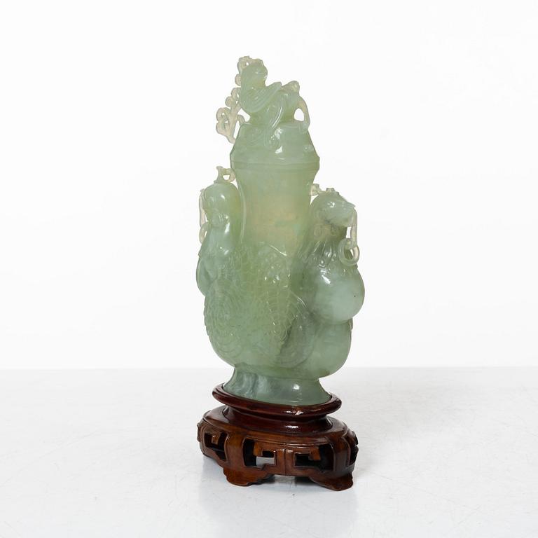 A Chinese urn with cover / censer, green stone, 20th century.