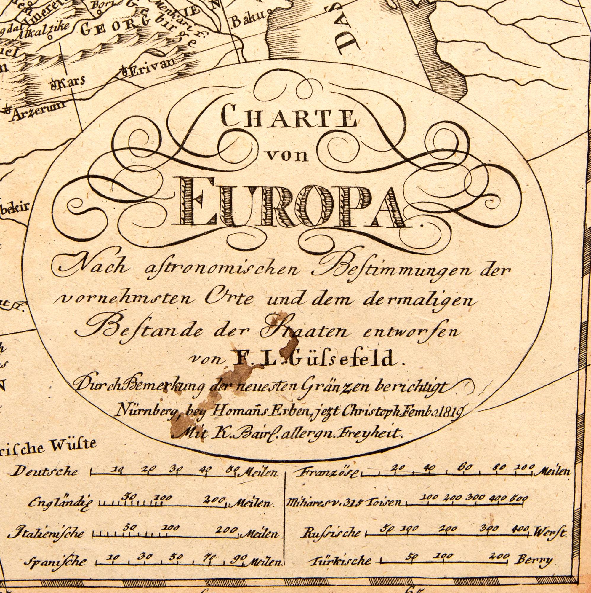 Franz Ludwig Güssefeld, map, hand colored copper engraving, Nürnberg 1819.