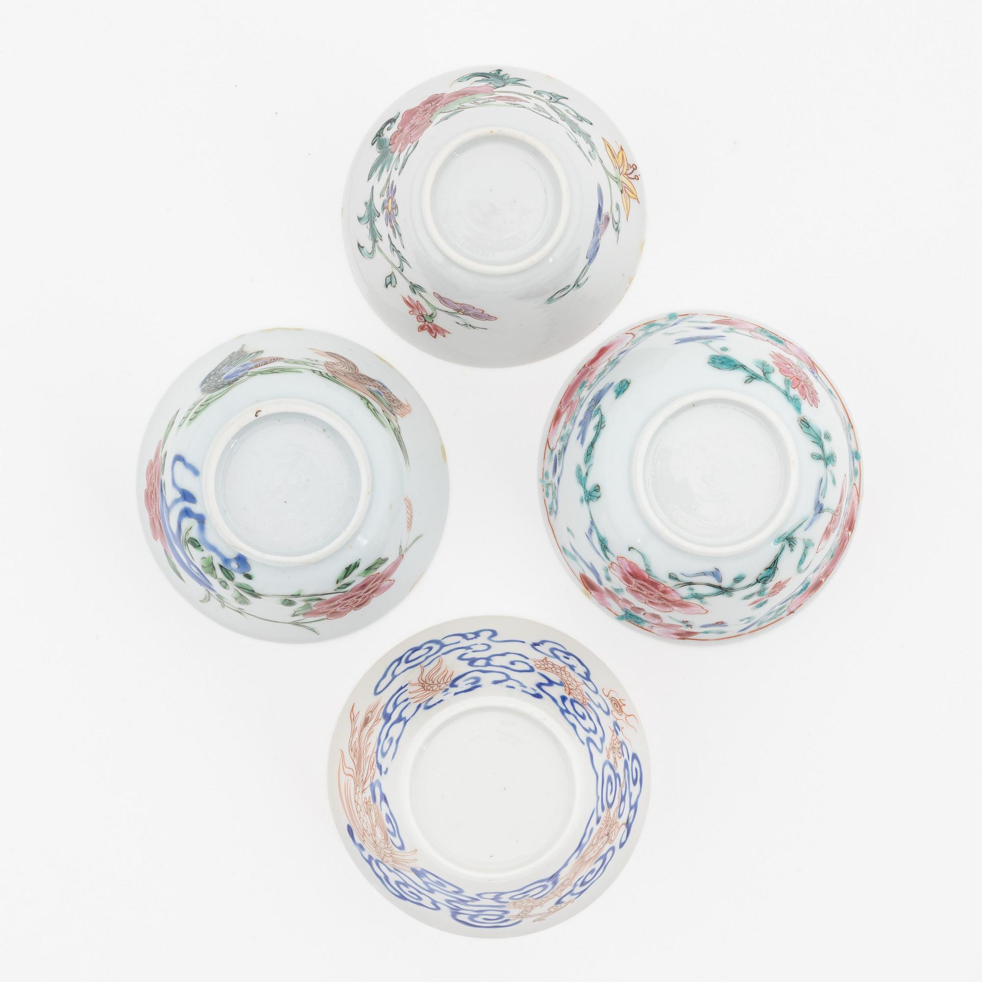 A group of four Chinese porcelain cups, Qing dynasty, Yongzheng (1723-35).