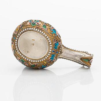 A Russian shaded cloisonné enamelled and gilt silver kovsh, mark of Vasily Andreyev, Moscow 1899-1908.