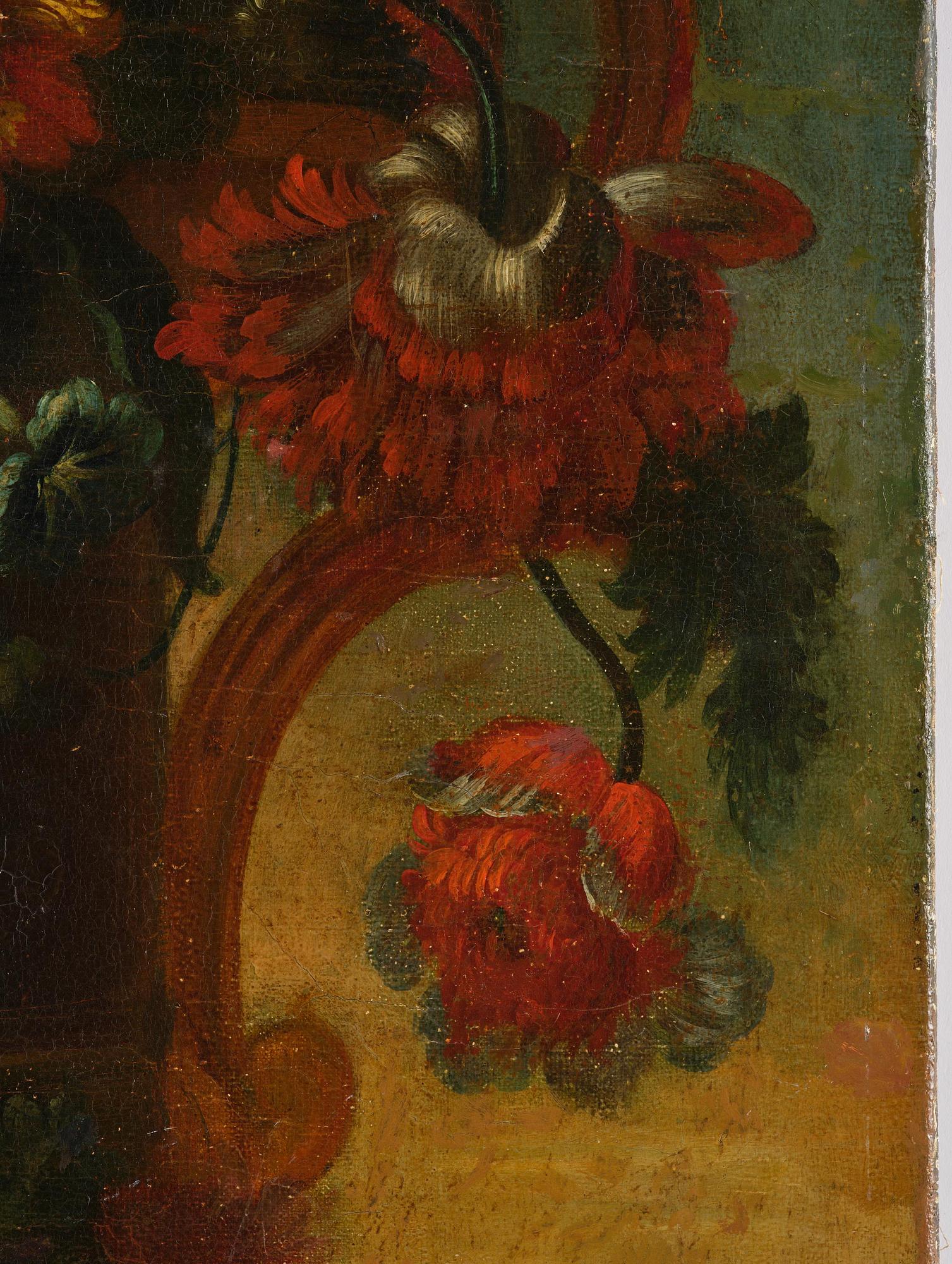 Pieter Casteels III, follower of, Wall panels, a pair, Flower urns with a parrot and a monkey respectively.