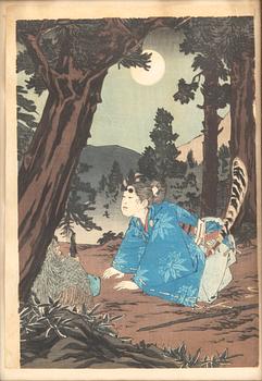 Toshikata Mizuno, woodcut print triptych, Japan Meji.