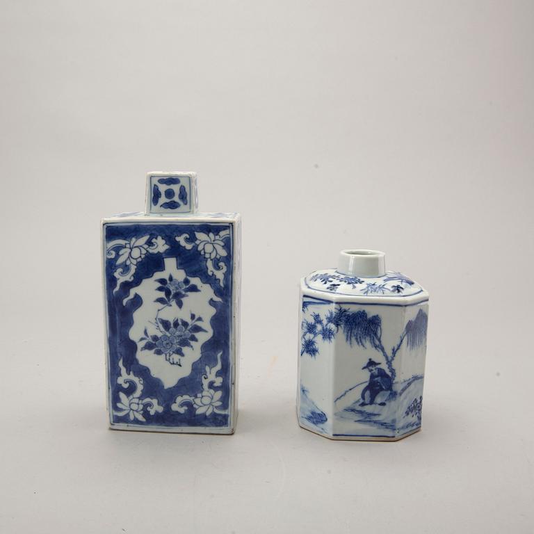 A set of two Chinese 19th century blue and white porcelain tea caddies.