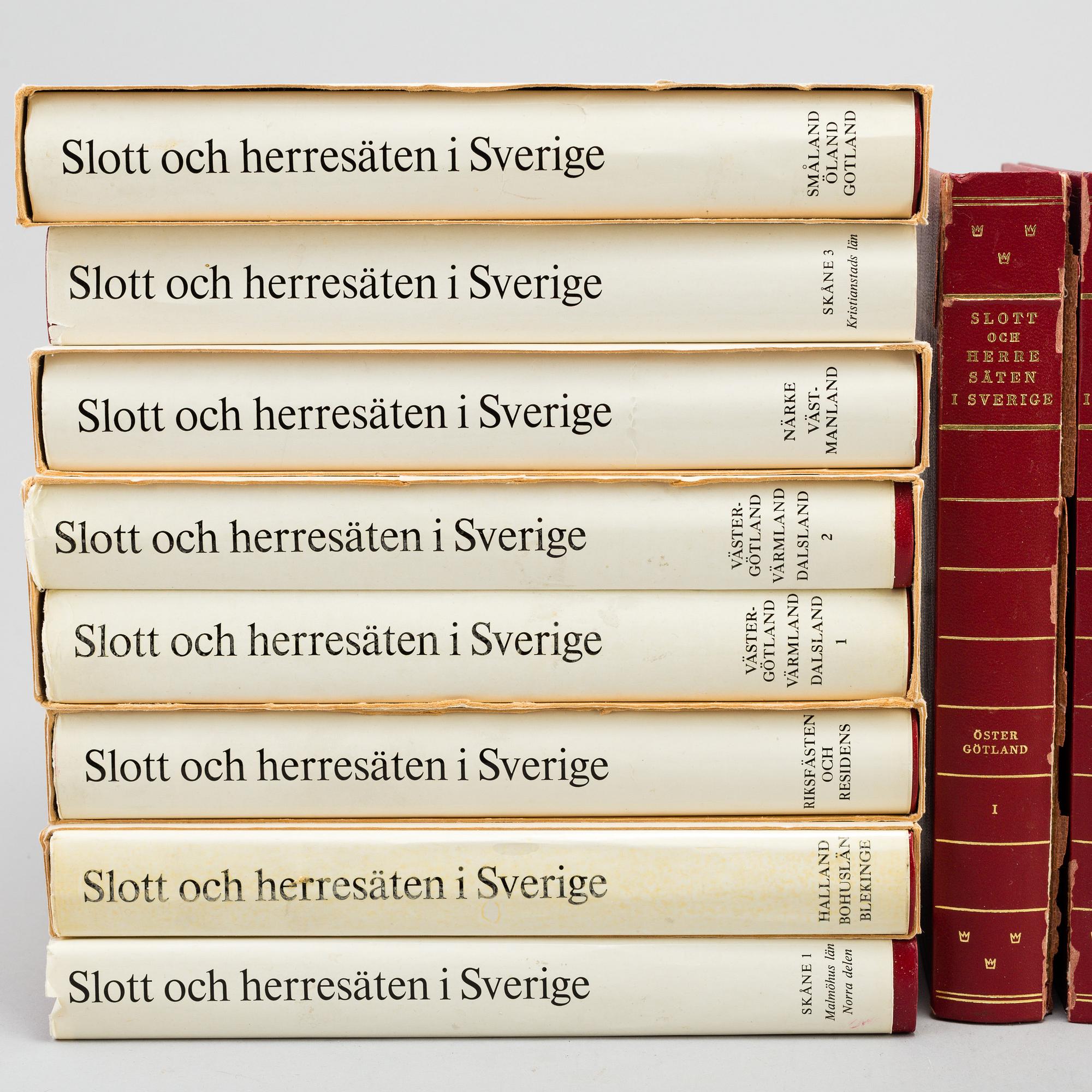 A set18 books about swedish castles and mansions, published by Allhems förlag in Malmö, second half of the 20th century.