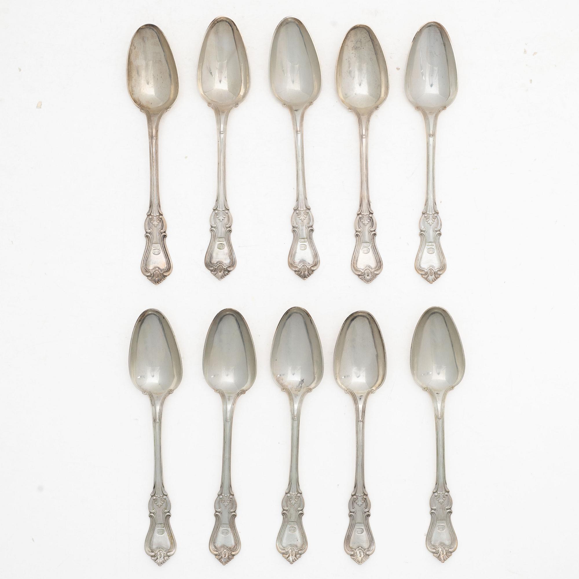 A set of ten Swedish silver dinner spoons,  “Olga”, mark of Hans Georg Vogt & Söner, Kristianstad, 1859.