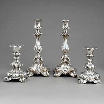 LJUSSTAKAR, 2 par, nysilver, barockstil, bl.a GAB, Stockholm, 1900-tal.