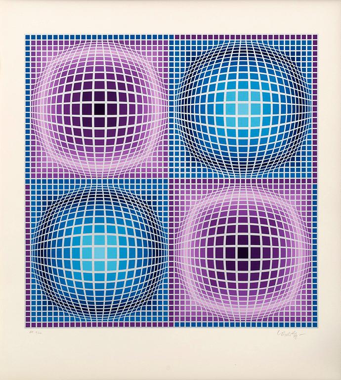 VICTOR VASARELY, "JALONS" SIX SERIGRAPH AND A PLEXIGLASS 'Optometri', NUMBERED EA 4/30 AND SIGNED.