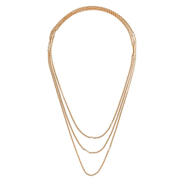 HALSKED, 18K guld, naturliga pärlor 9 st, ca 3 mm. Tidigt 1900-tal. Vikt 27,6 g.