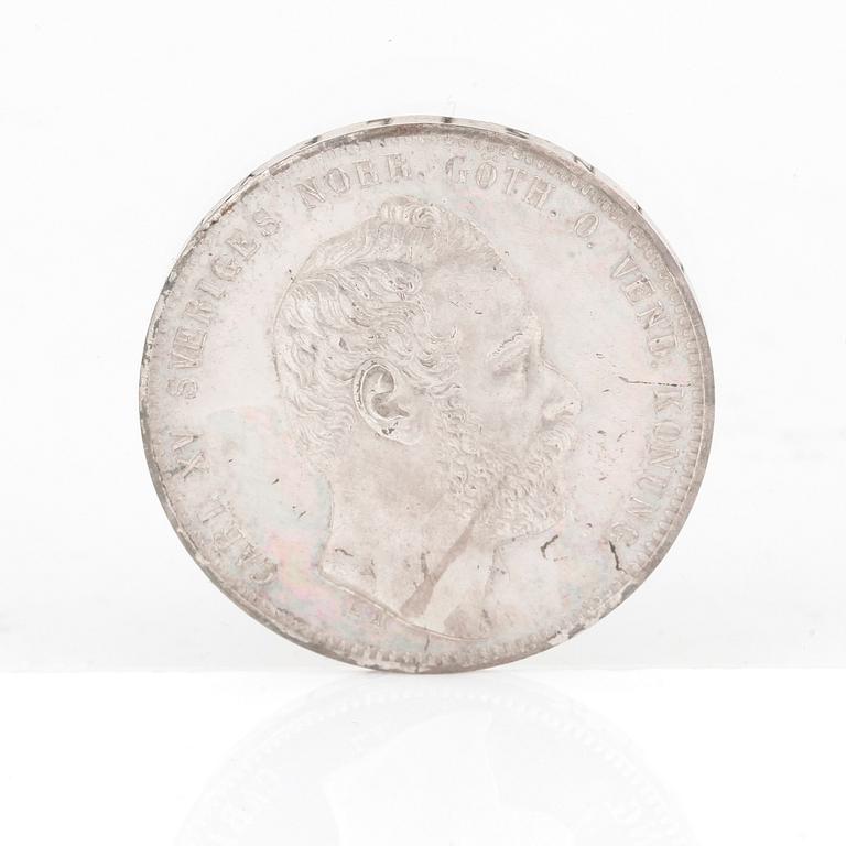 SILVERMYNT, 2 Riksdaler Riksmynt, Karl XV av Sverige o Norge 1864. Vikt ca 17 gram.