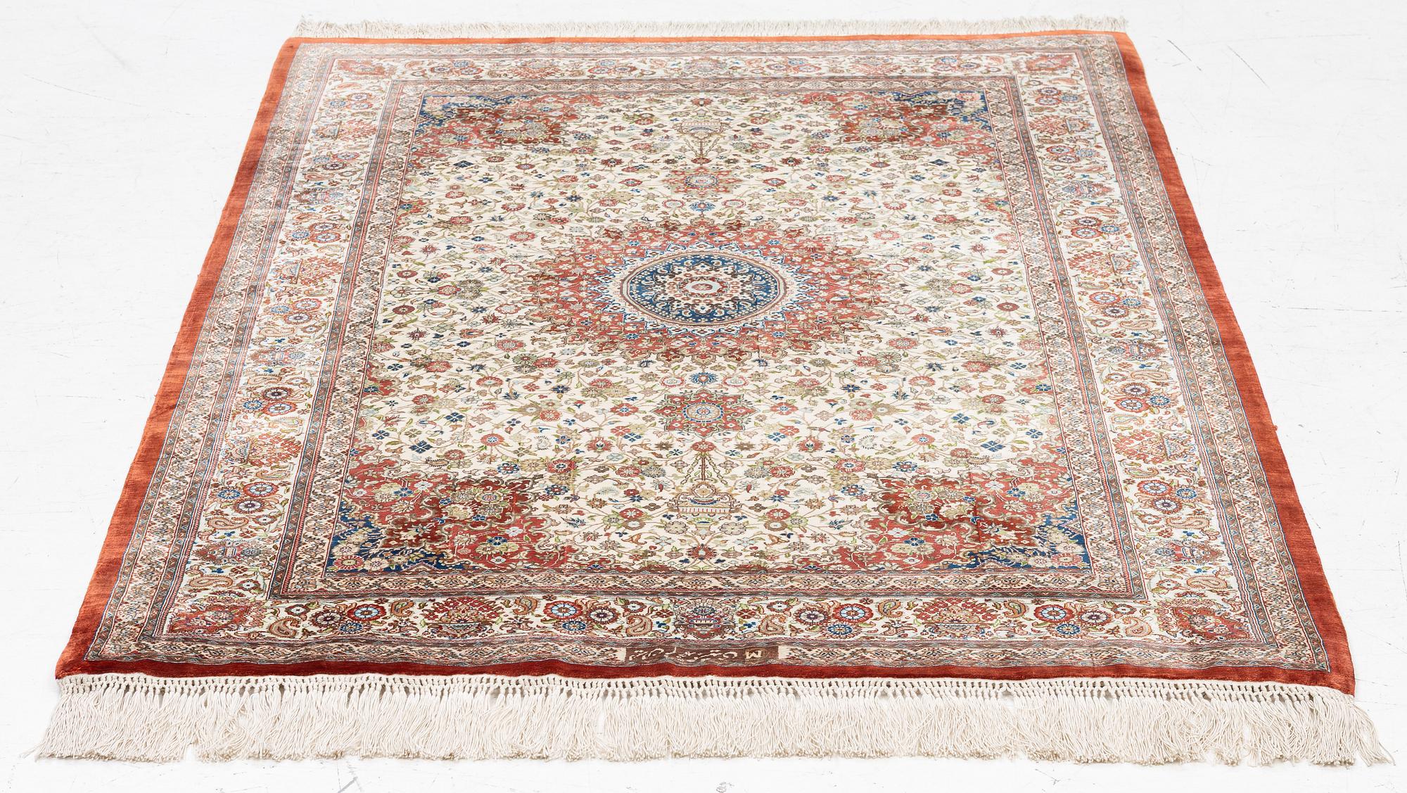 A silk Qum, Central Persia, signed Jashmedi c. 141 x 103 cm.