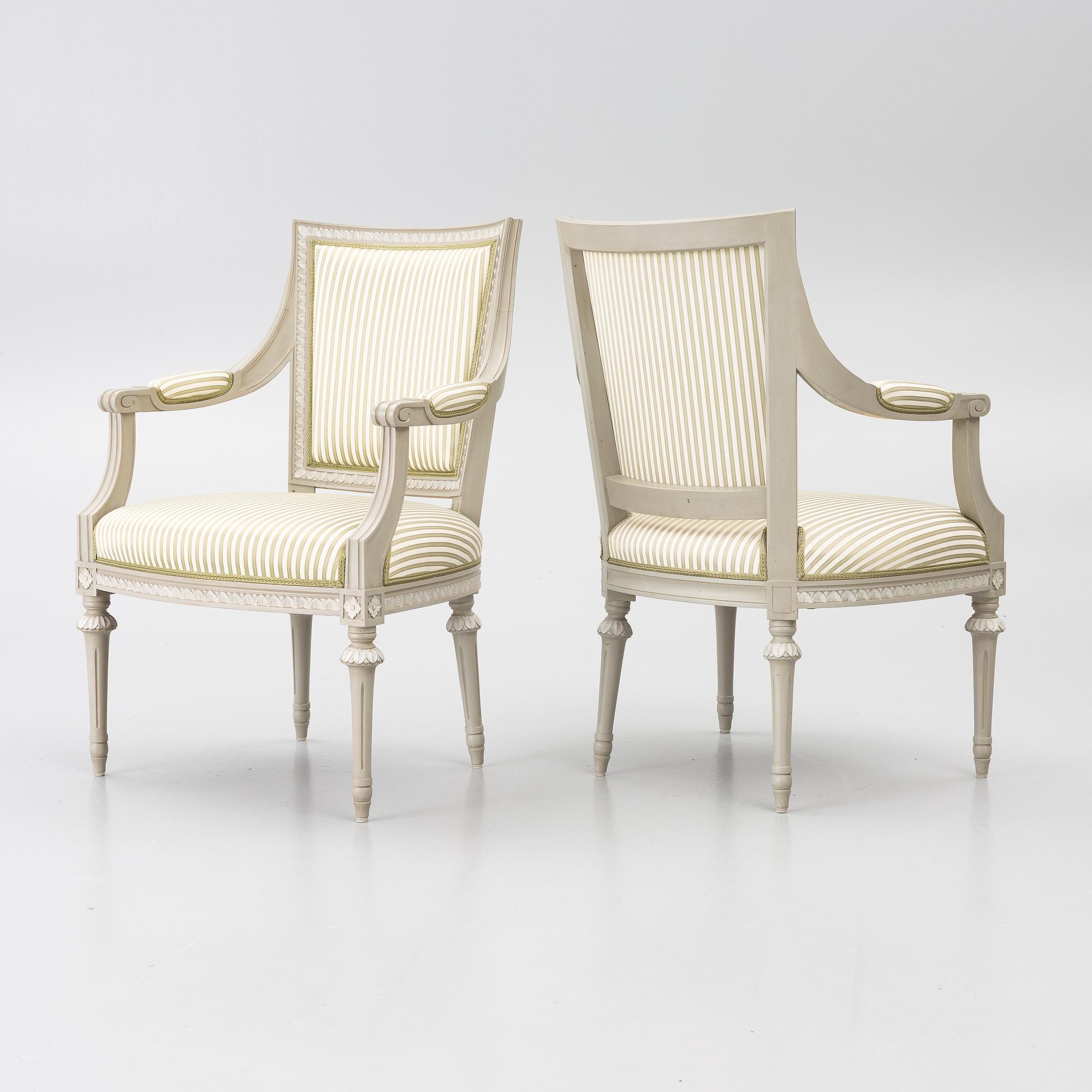Armchairs, 5 in the Gustavian style, 20th century.