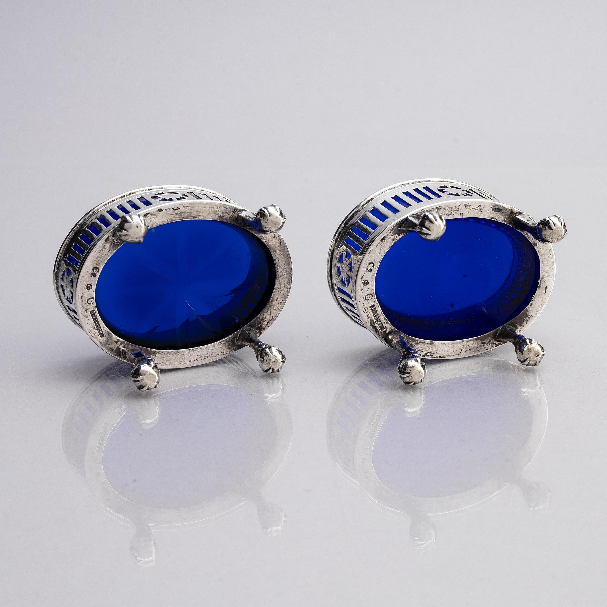 A pair of Swedish silver and glass salt cellars, marks of Arvid Floberg, Stockholm 1785.