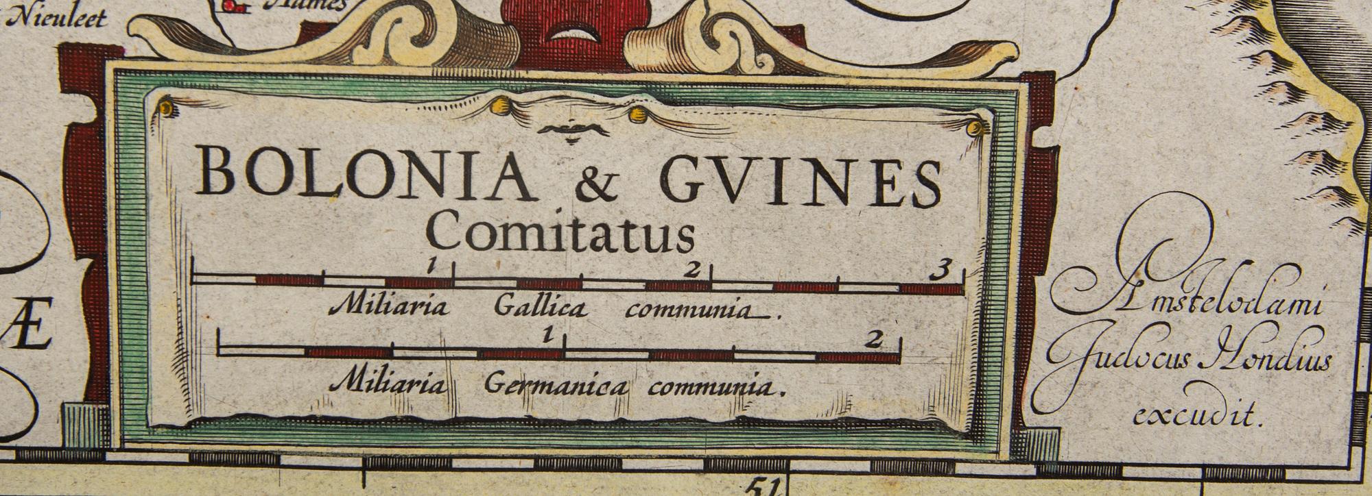 Jodocus Hondius, hand colored engraving, map France Pas-de-Calais, Amsterdam c 1630-50.