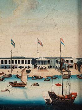 Målning, okänd konstnär, vy över Kanton. Qingdynastin, omkring år 1800.