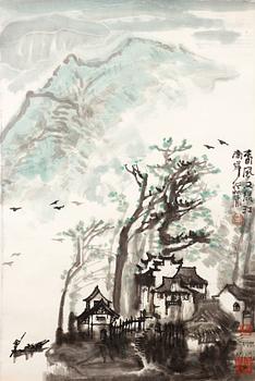 A painting by Li Xingjian (1937-), "Chunfeng youlü Jiangnan", signed.