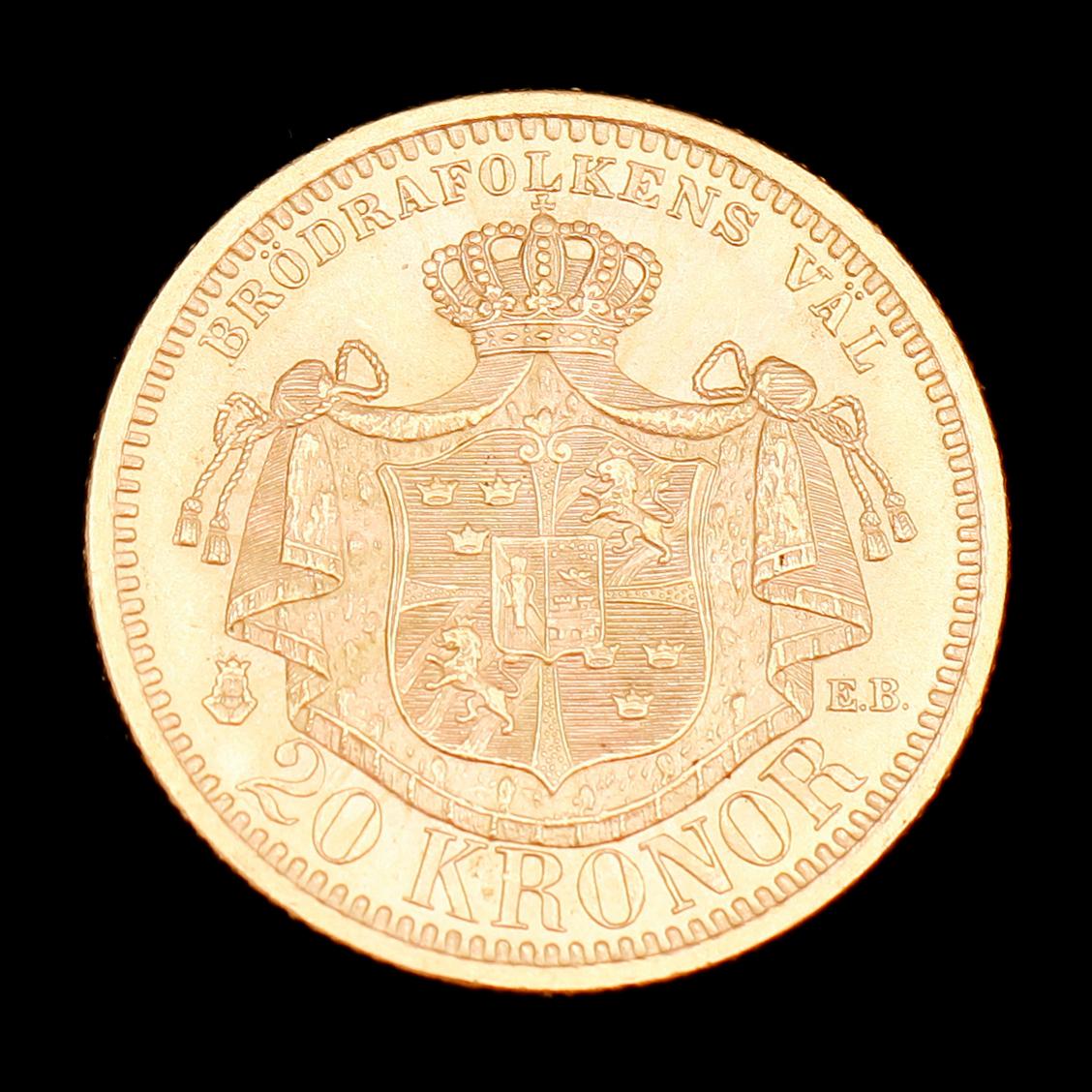 GULDMYNT, 20 kr, Oscar II, 1899. Vikt ca 9 g.