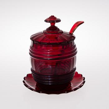 A RUSSIAN PUNCH BOWL WITH LADDLE, ruby glas, first half of the 19th century.