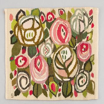Barbro Sprinchorn, vävnad, "Rosorna", gobelängvariant, signerad S, ca 35 x 36 cm cm.