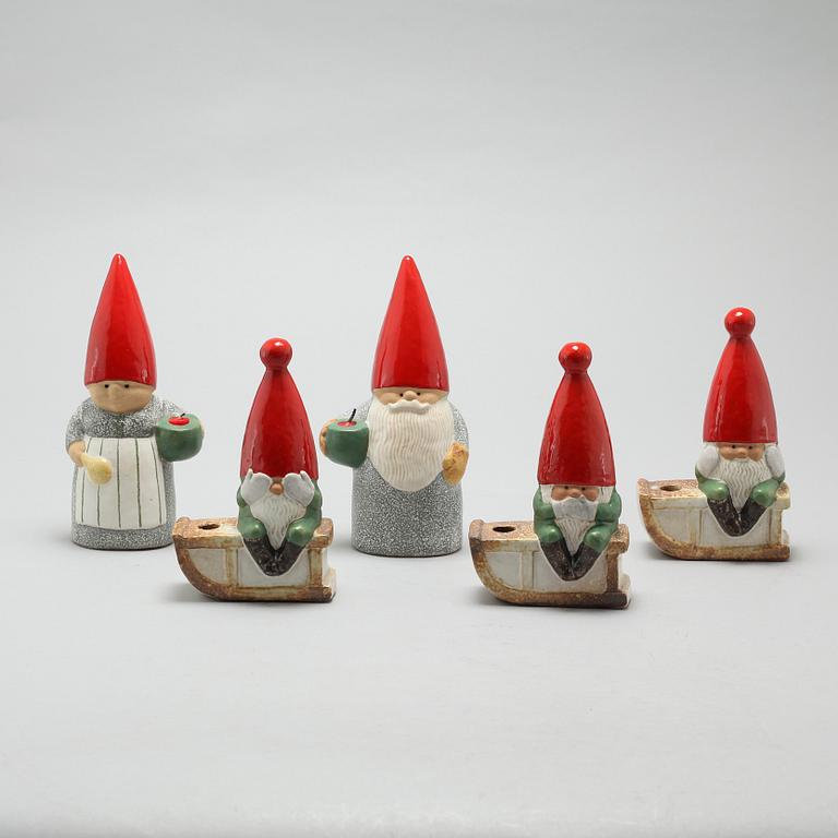 Five candle holders by Lisa Larson, stoneware, Gustavsberg, K-Studio, end 19th century.