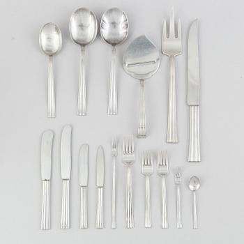 Folke Arström, besticksservis, 92 delar, samt bricka, såssnipa och shacker, rostfritt stål, "Thebe", Gense.