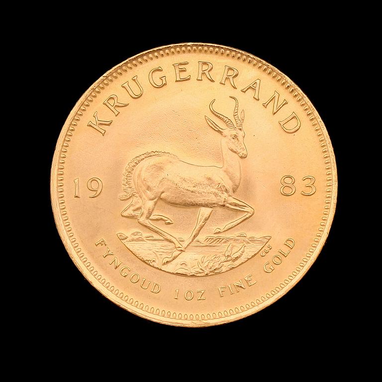 GULDMYNT, finguld, Krugerrand, Sydafrika, 1983. Vikt ca 34 g.