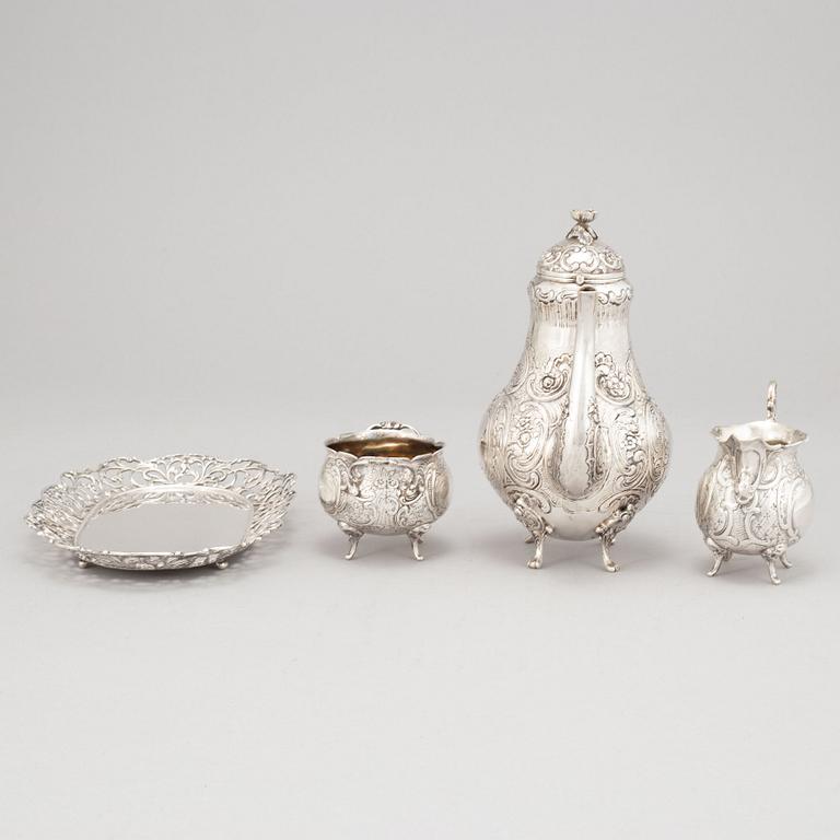 A silver mocha pot, creamer, sugar bowl and tray, some with mark of Gewe, Malmö 1950-51.