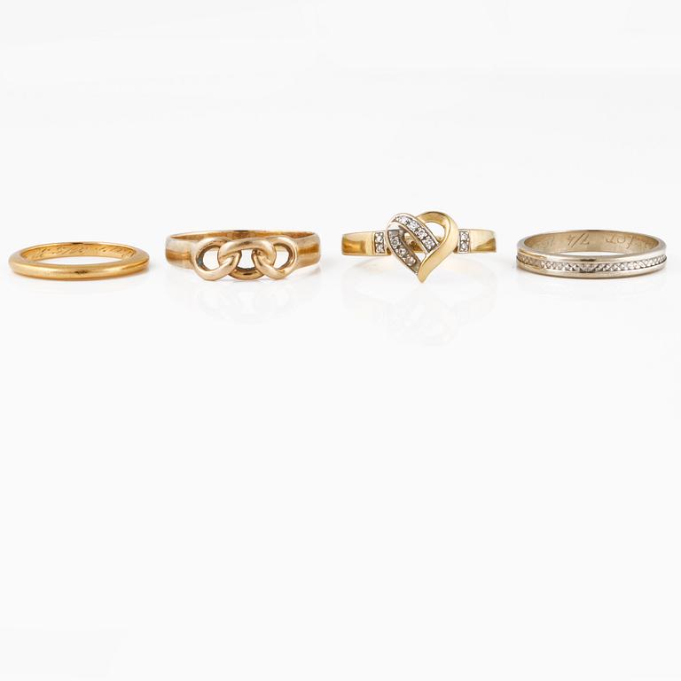 RINGAR, 4 st, 14K, 18K samt 20K guld samt åttkantsliapde diamanter. Vikt 11,3 gram.