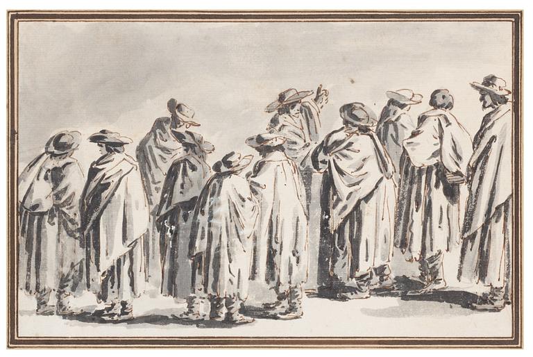 Francesco Guardi Tillskriven, Komposition med figurer i långa rockar.