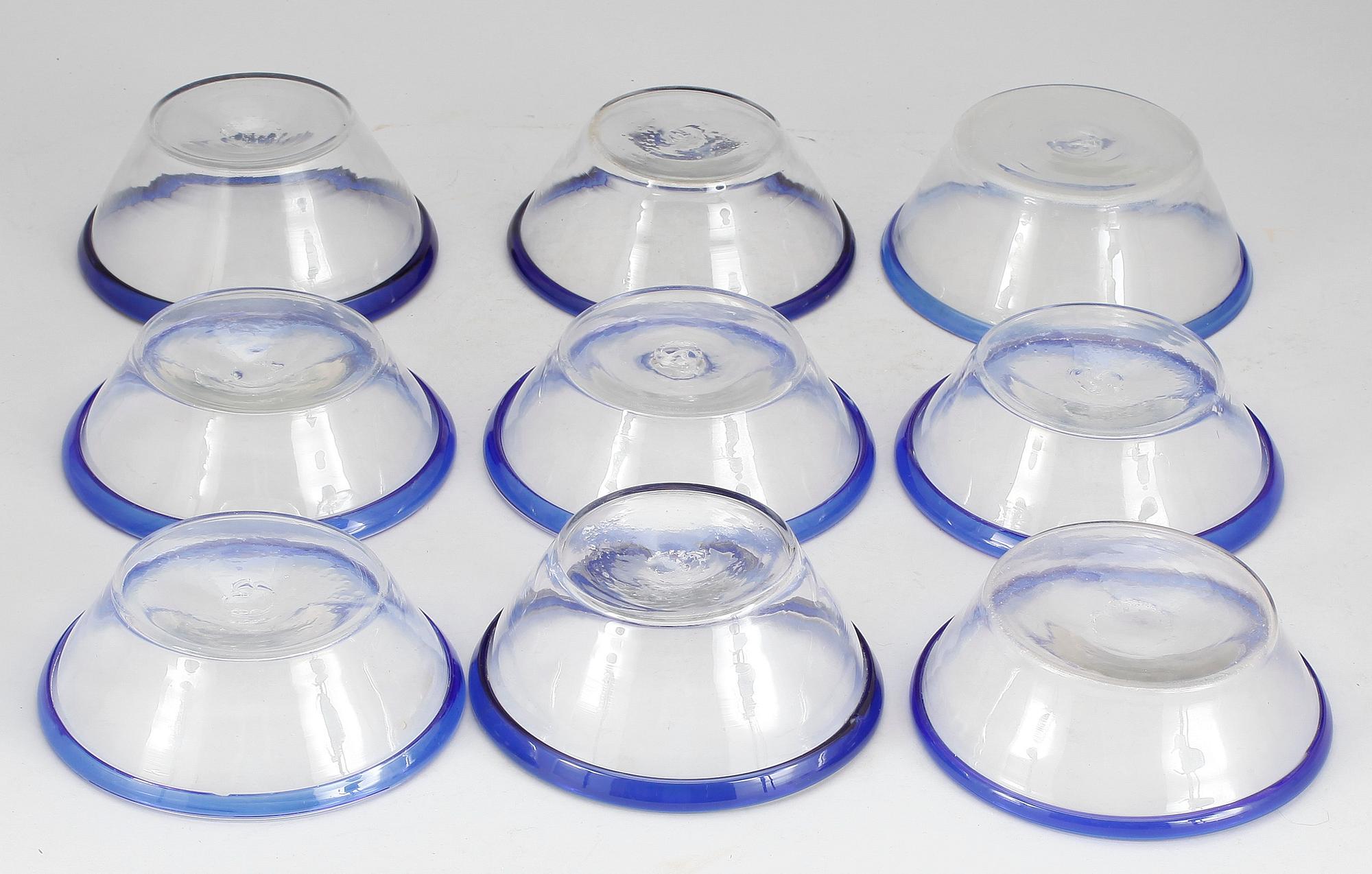FILBUNKSSKÅLAR, glas, 9 st, 1800-/1900-tal.