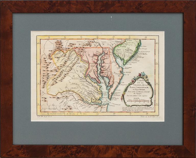 KARTA, "Carte de la Virginie, de la Baye Chesapeack, et pays Voisins"  troligen 1757, Nicolas Bellin.