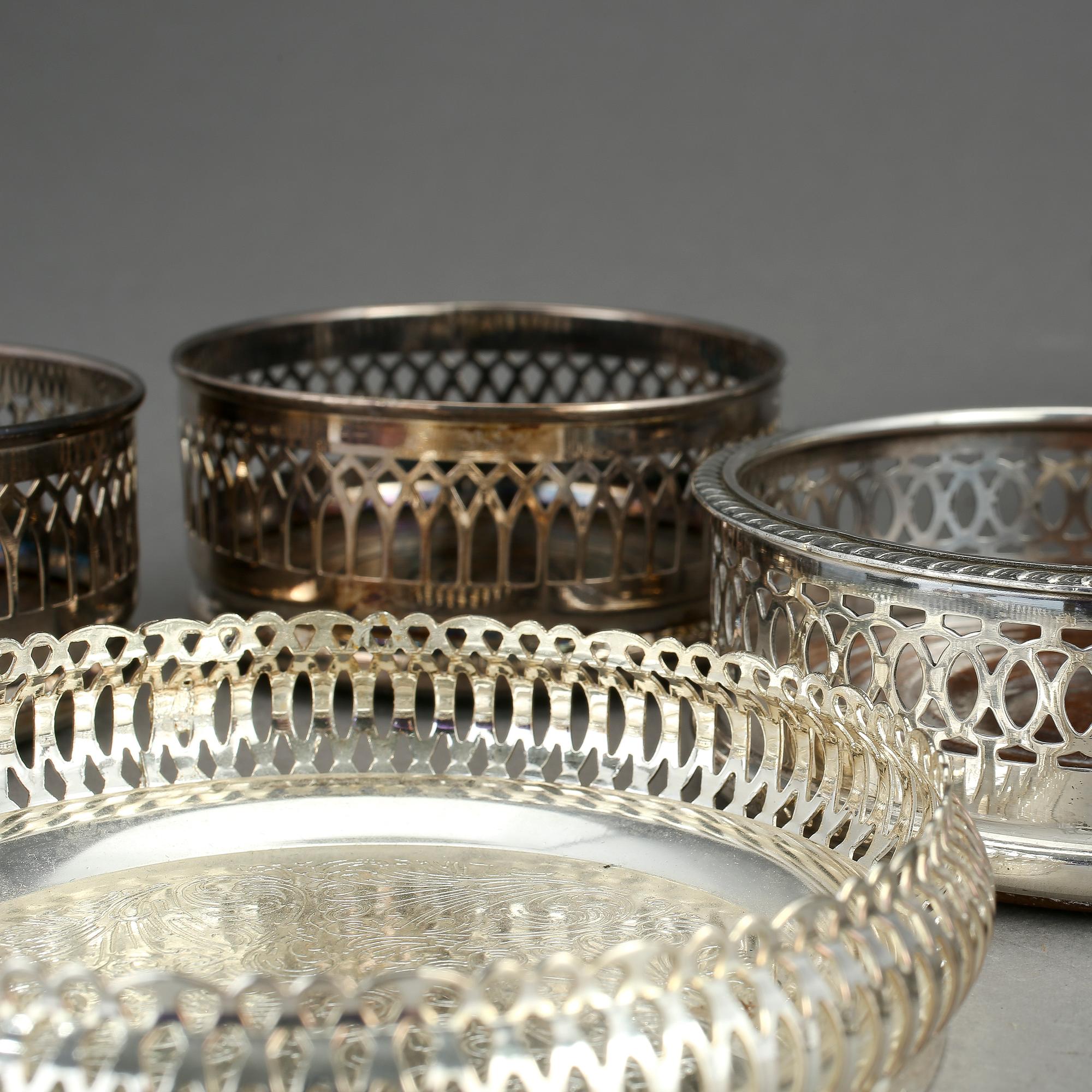 COASTERS, nysilver/pläter, 6 st. Delvis England, 1900-tal.