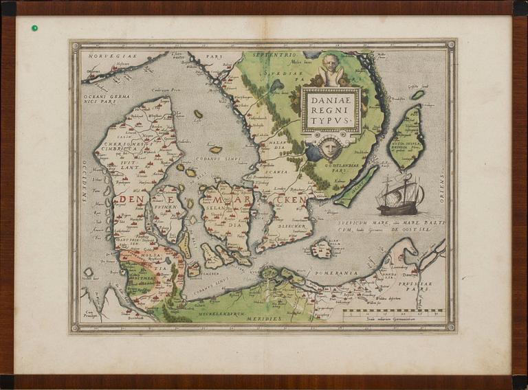 MAP, copper engraving, Daniae Regni Typus" Abraham Ortelius, ca  1600.