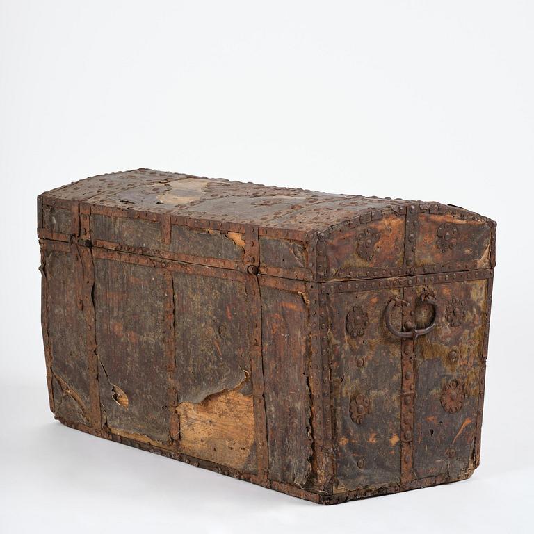A Dutch baroque iron-bound and leather clad chest, later part 17th century.