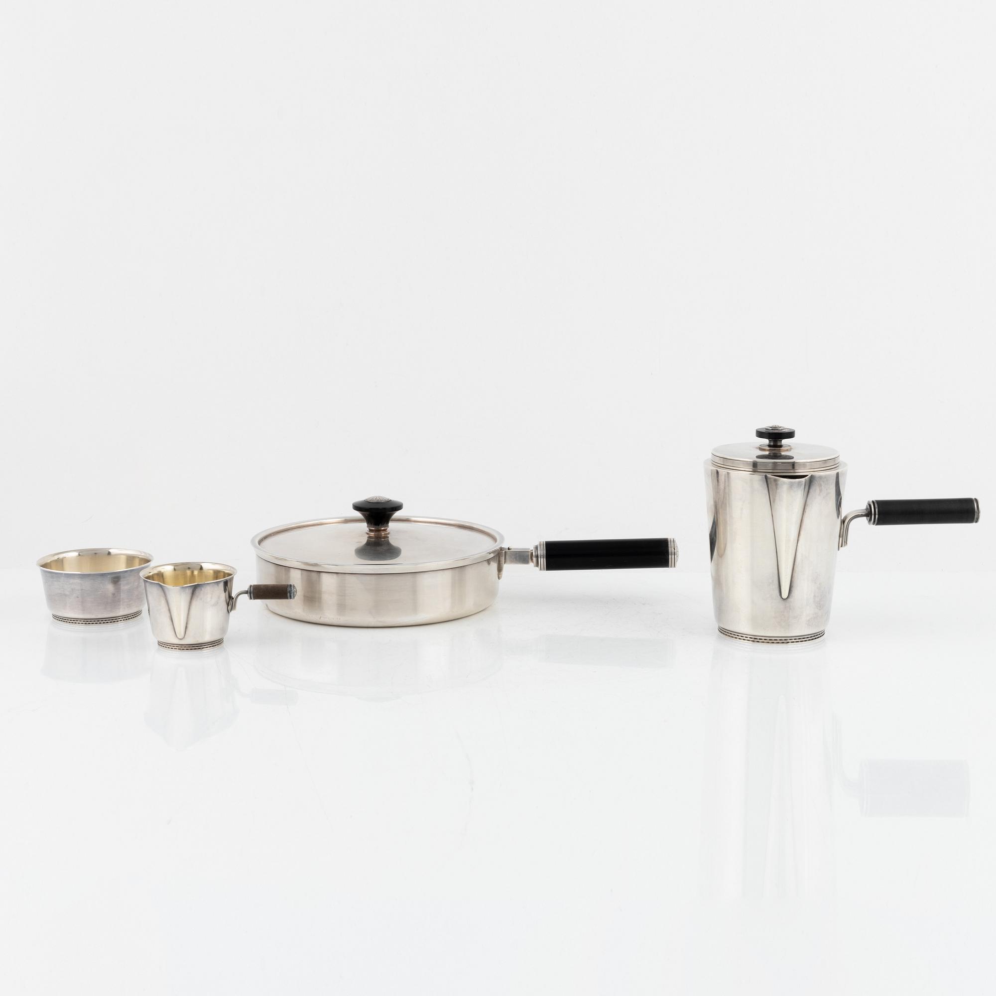 Erik Fleming, a 3-piece silver plated coffee service and a lidded dish, GAB, 1930's/40's.