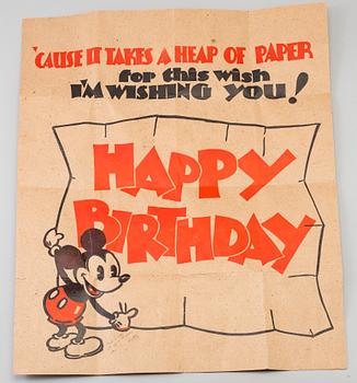 MUSSE PIGG, träfigur samt födelsedagskort, bl a Ringqvists Tryckeri och kartongfabrik, 1946 & 1930-tal, Hallbrothers inc.