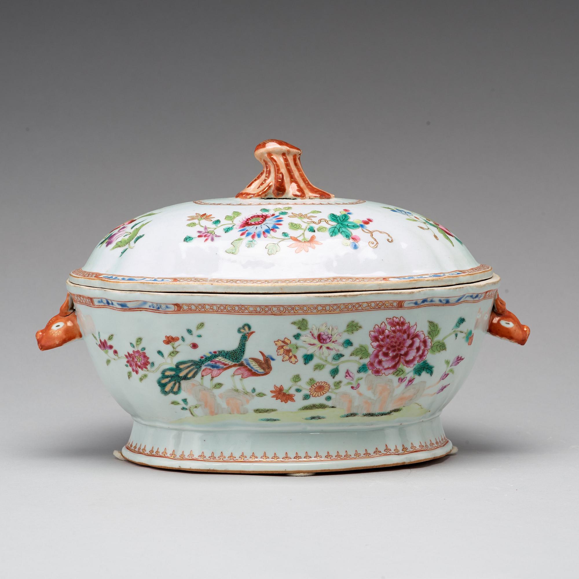 A famille rose 'double peacock' tureen with cover, Qing dynasty, Qianlong (1736-95).