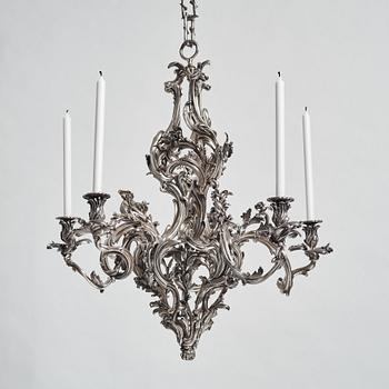 Ljuskrona för fem ljus, försilvrad mässing, argent haché, tillskriven Pierre Boulanger, Paris omkr 1750, Louis XV.