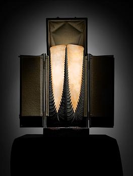 An Albert Cheuret 'Fougères' green patinated bronze and five panel alabaster table lamp, France circa 1925-30.