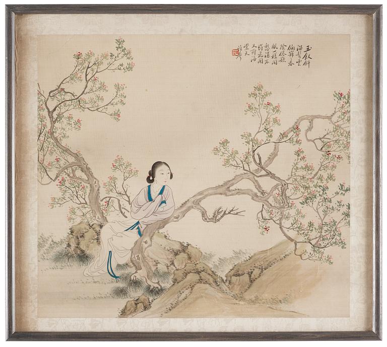 MÅLNINGAR, fyra stycken, akvarell och tusch på silke, sen Qingdynasti, attibuerad till Pan Zhenyong (1852-1921).