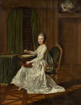 Unknown artist, 17th/18th century, Salon interior with a woman embroidering.