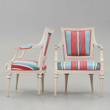 A pair of Gustavian late 18th century armchairs by Lars Söderholm (master in Stockholm 1789-1794).