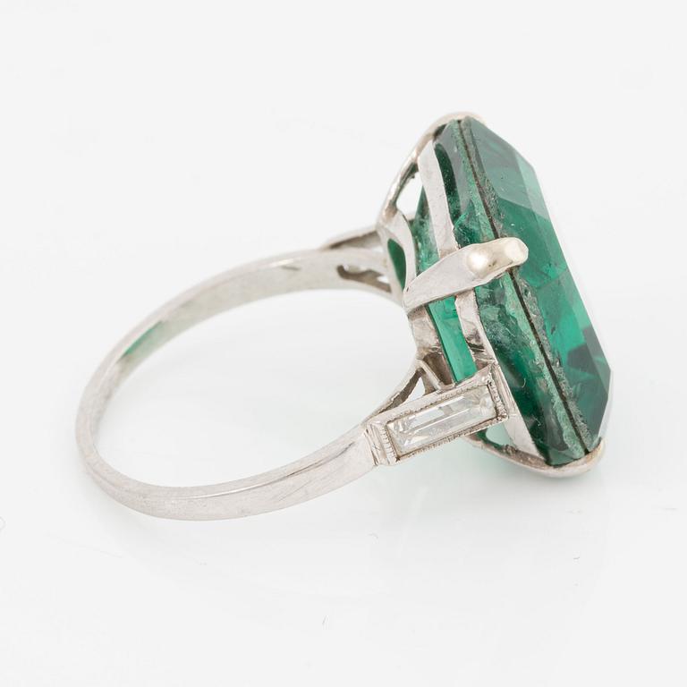 Ring, cocktail ring, platinum with synthetic emerald and baguette-cut diamonds, probably circa 1960s.