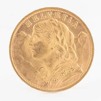 A Swiss gold coin, 20 Franc, 1935 LB.