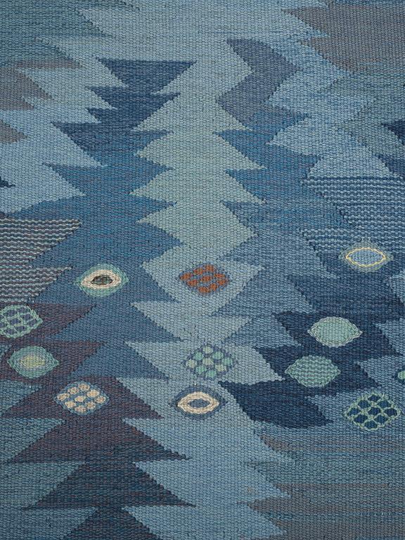 Barbro Nilsson, A carpet, "Tånga blå", flat weave, ca 355 x 252-256 cm, signed AB MMF BN.